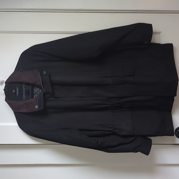 CLAIBORNE Men's Suede Coat Mid Drawstring WaistSize M Black with Brown Collar